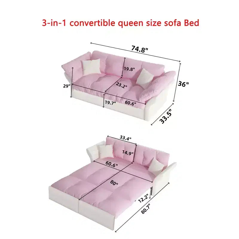 MAYEERTY 74.8 Queen Pull Out Sofa Bed,3-in-1 Convertible Sleeper Tufted Sofa with 2 Soft Pillows Pink
