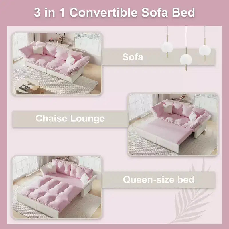 MAYEERTY 74.8 Queen Pull Out Sofa Bed,3-in-1 Convertible Sleeper Tufted Sofa with 2 Soft Pillows Pink