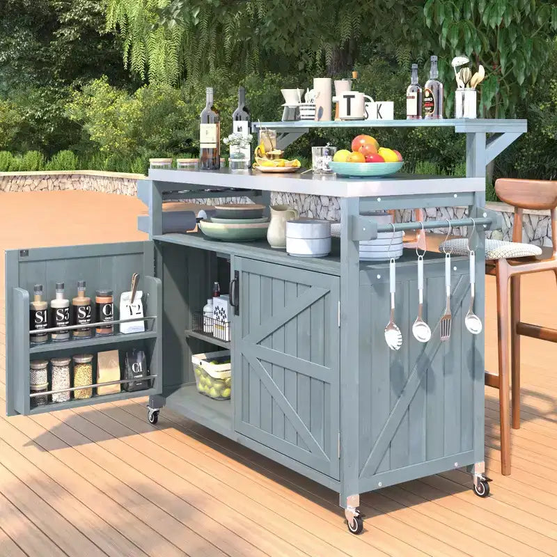 TUYOHW Outdoor Kitchen Island with Raised Shelf,Outdoor Grill Cart with Stainless Steel Top,Storage Cabinet,Spice Rack for Patio,Backyard BBQ