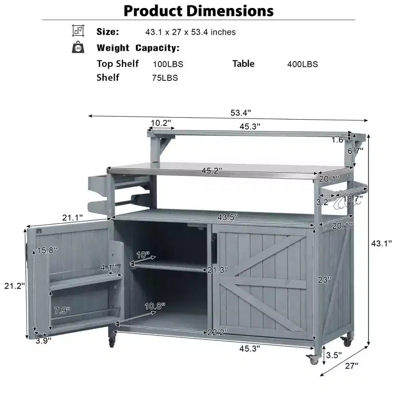 TUYOHW Outdoor Kitchen Island with Raised Shelf,Outdoor Grill Cart with Stainless Steel Top,Storage Cabinet,Spice Rack for Patio,Backyard BBQ