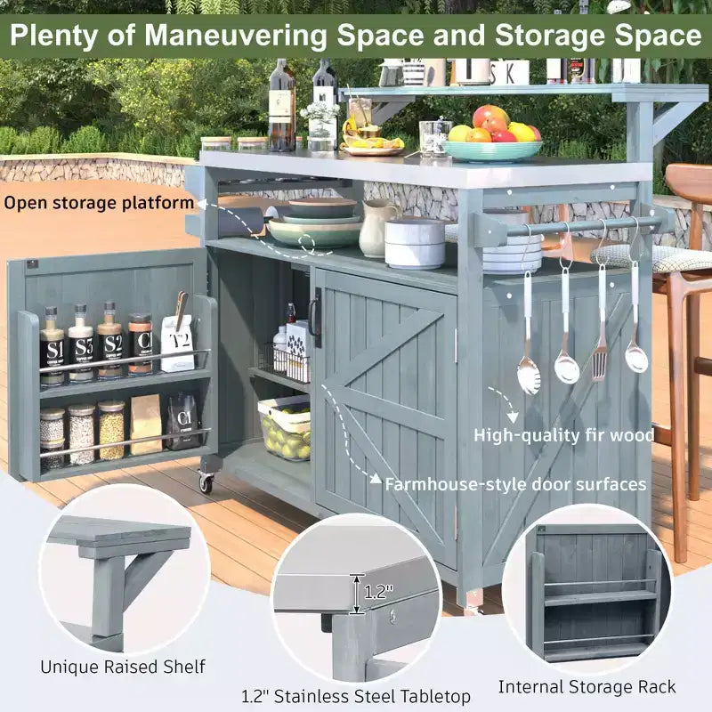 TUYOHW Outdoor Kitchen Island with Raised Shelf,Outdoor Grill Cart with Stainless Steel Top,Storage Cabinet,Spice Rack for Patio,Backyard BBQ