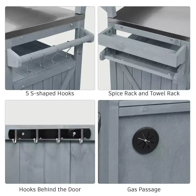TUYOHW Outdoor Kitchen Island with Raised Shelf,Outdoor Grill Cart with Stainless Steel Top,Storage Cabinet,Spice Rack for Patio,Backyard BBQ