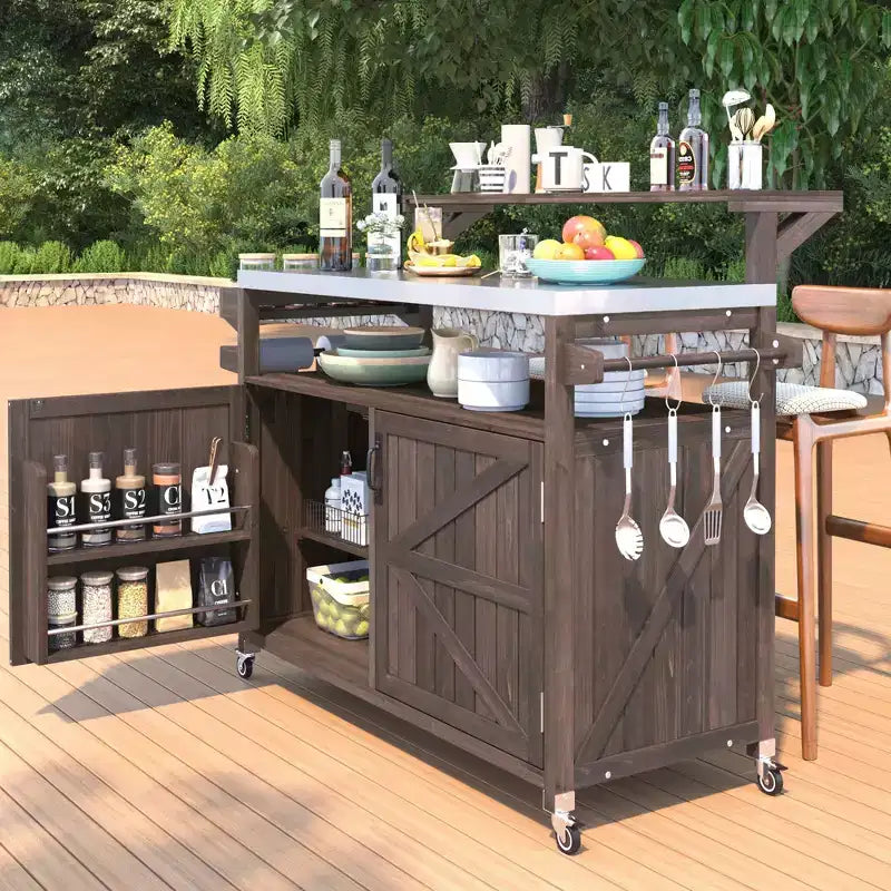TUYOHW Outdoor Kitchen Island with Raised Shelf,Outdoor Grill Cart with Stainless Steel Top,Storage Cabinet,Spice Rack for Patio,Backyard BBQ