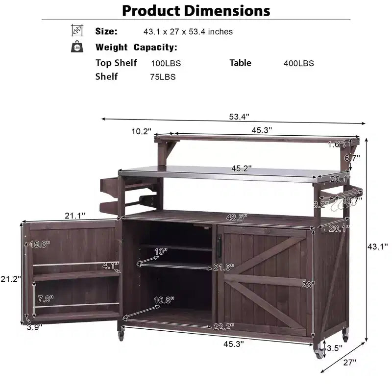 TUYOHW Outdoor Kitchen Island with Raised Shelf,Outdoor Grill Cart with Stainless Steel Top,Storage Cabinet,Spice Rack for Patio,Backyard BBQ