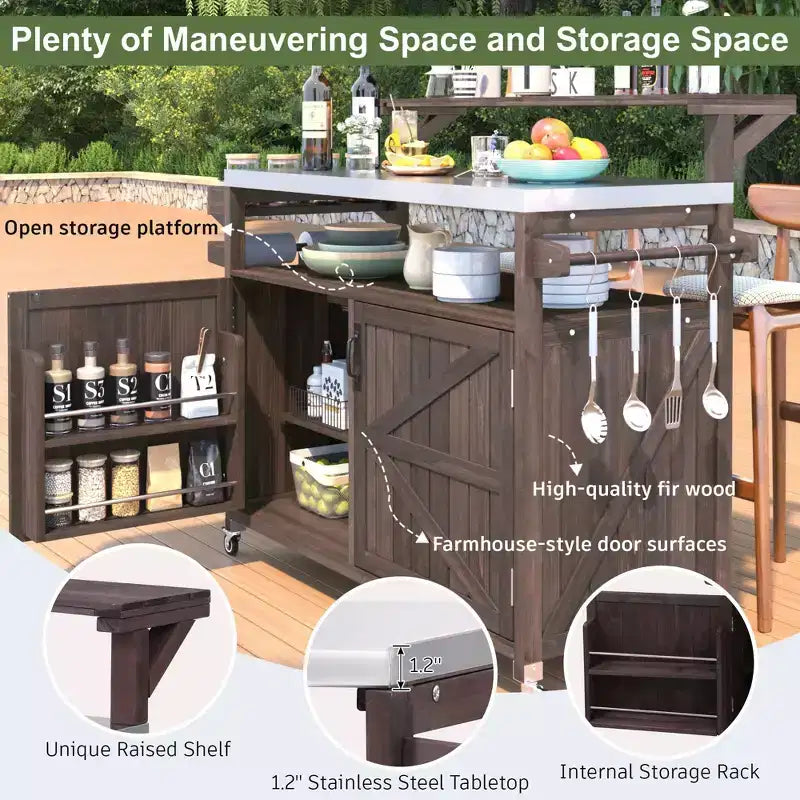 TUYOHW Outdoor Kitchen Island with Raised Shelf,Outdoor Grill Cart with Stainless Steel Top,Storage Cabinet,Spice Rack for Patio,Backyard BBQ