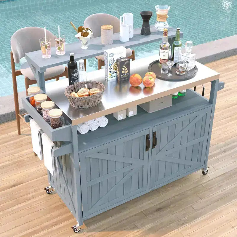 TUYOHW Outdoor Kitchen Island with Raised Shelf,Outdoor Grill Cart with Stainless Steel Top,Storage Cabinet,Spice Rack for Patio,Backyard BBQ