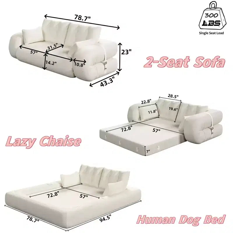MAYEERTY 78.7 Multifunctional Foldable Sofa Bed, 3-in-1 Teddy Fabric Foam Filled Sleepder Sofa Bed Pink