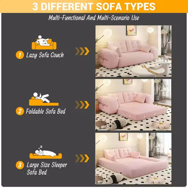 MAYEERTY 78.7 Multifunctional Foldable Sofa Bed, 3-in-1 Teddy Fabric Foam Filled Sleepder Sofa Bed Pink