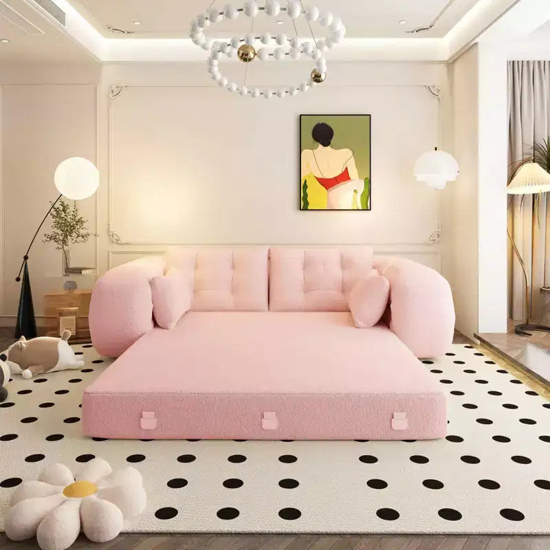 MAYEERTY 78.7 Multifunctional Foldable Sofa Bed, 3-in-1 Teddy Fabric Foam Filled Sleepder Sofa Bed Pink