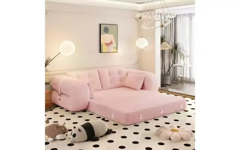 MAYEERTY 78.7 Multifunctional Foldable Sofa Bed, 3-in-1 Teddy Fabric Foam Filled Sleepder Sofa Bed Pink