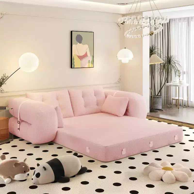 MAYEERTY 78.7 Multifunctional Foldable Sofa Bed, 3-in-1 Teddy Fabric Foam Filled Sleepder Sofa Bed Pink