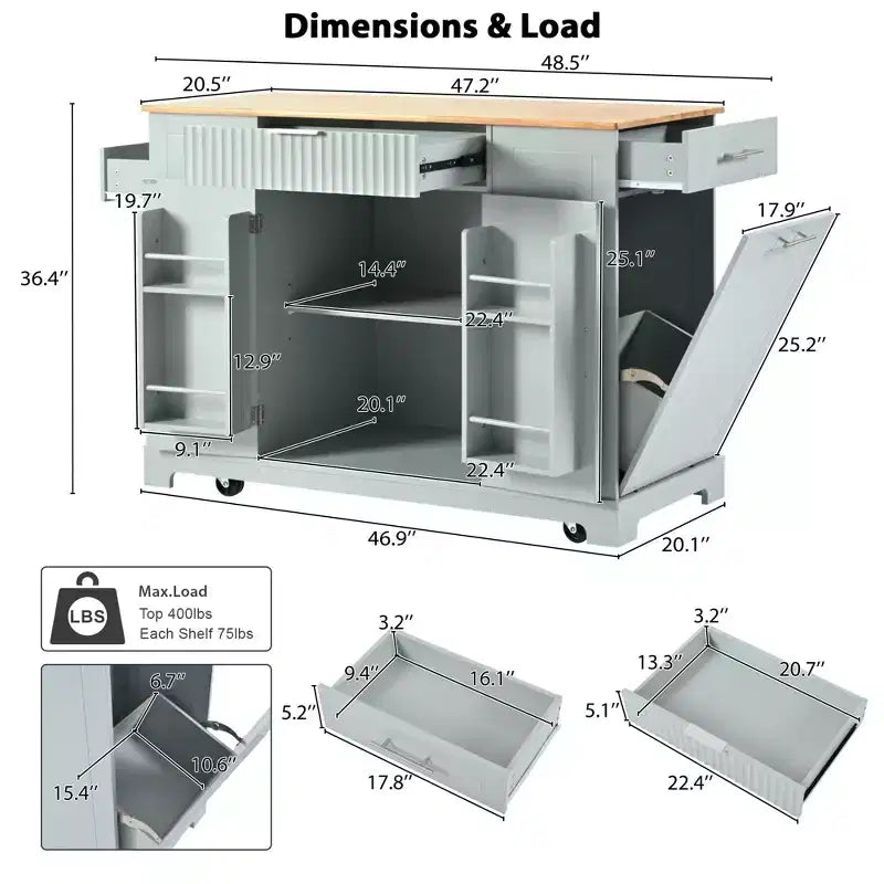 GDFStudio Gabe Fluted Kitchen Island with Trash Can Storage Cabinet, Power Outlet and Shelves
