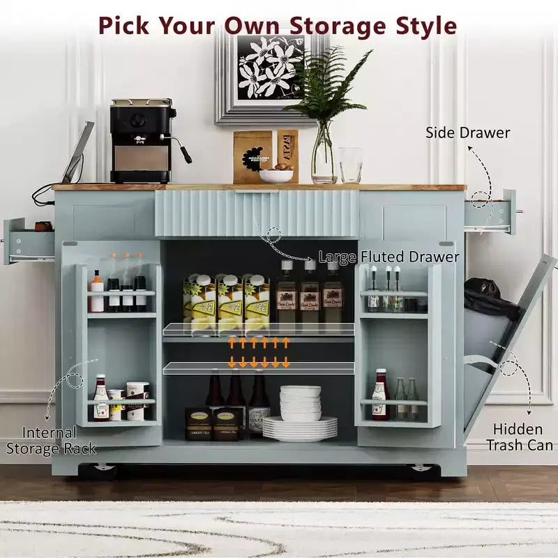GDFStudio Gabe Fluted Kitchen Island with Trash Can Storage Cabinet, Power Outlet and Shelves