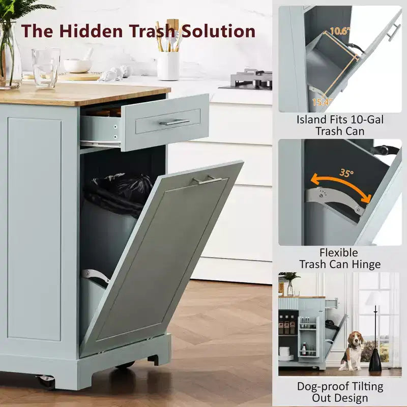 GDFStudio Gabe Fluted Kitchen Island with Trash Can Storage Cabinet, Power Outlet and Shelves