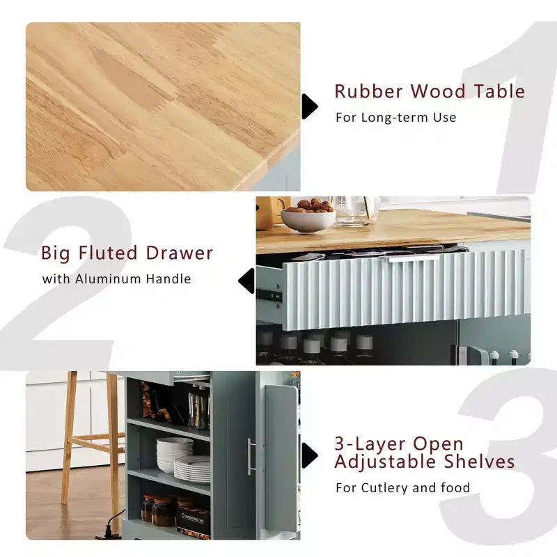 GDFStudio Gabe Fluted Kitchen Island with Trash Can Storage Cabinet, Power Outlet and Shelves