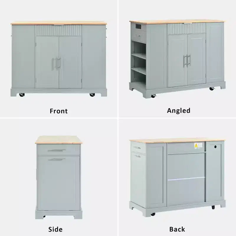 GDFStudio Gabe Fluted Kitchen Island with Trash Can Storage Cabinet, Power Outlet and Shelves