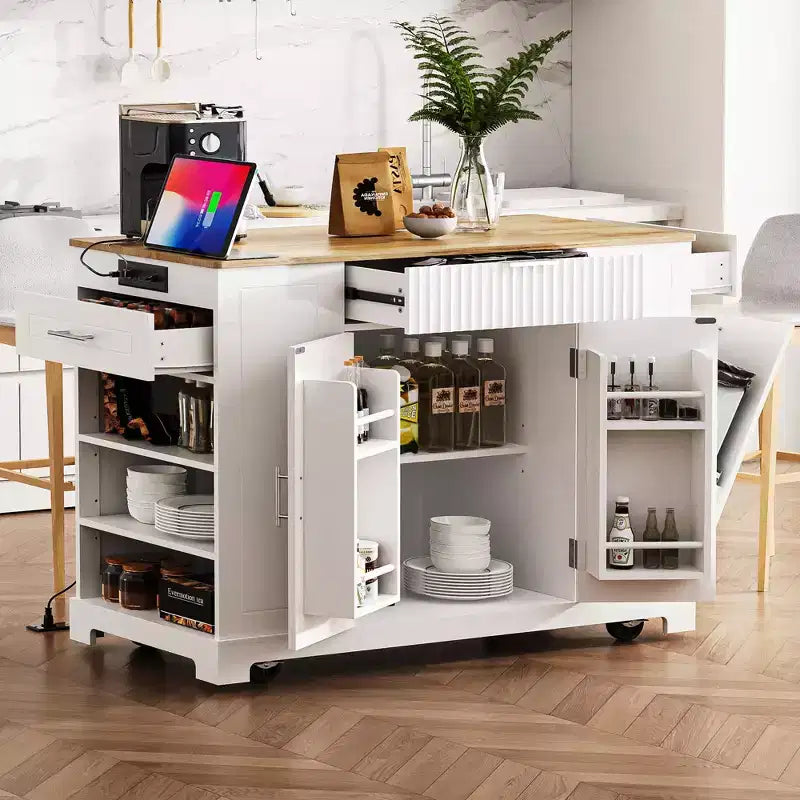 GDFStudio Gabe Fluted Kitchen Island with Trash Can Storage Cabinet, Power Outlet and Shelves