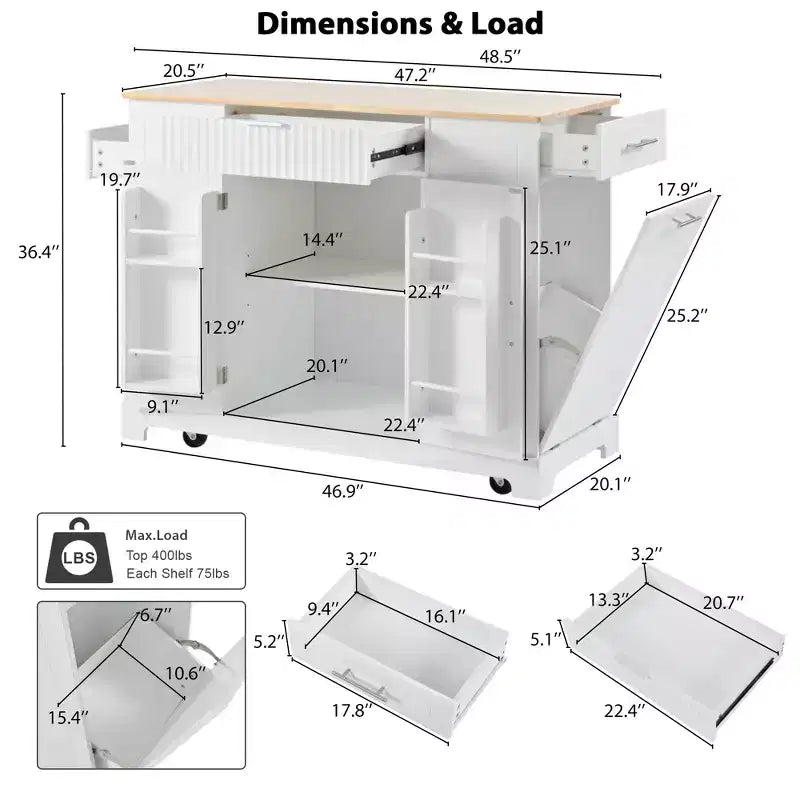 GDFStudio Gabe Fluted Kitchen Island with Trash Can Storage Cabinet, Power Outlet and Shelves