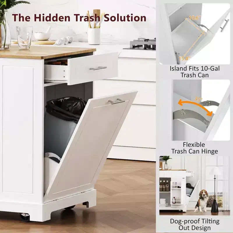 GDFStudio Gabe Fluted Kitchen Island with Trash Can Storage Cabinet, Power Outlet and Shelves