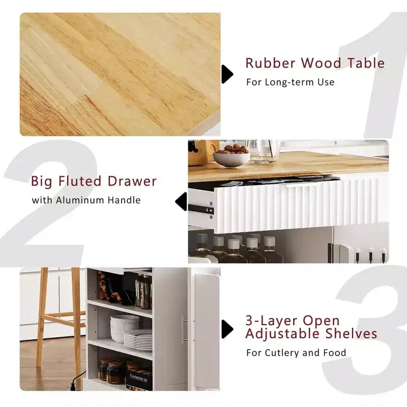 GDFStudio Gabe Fluted Kitchen Island with Trash Can Storage Cabinet, Power Outlet and Shelves