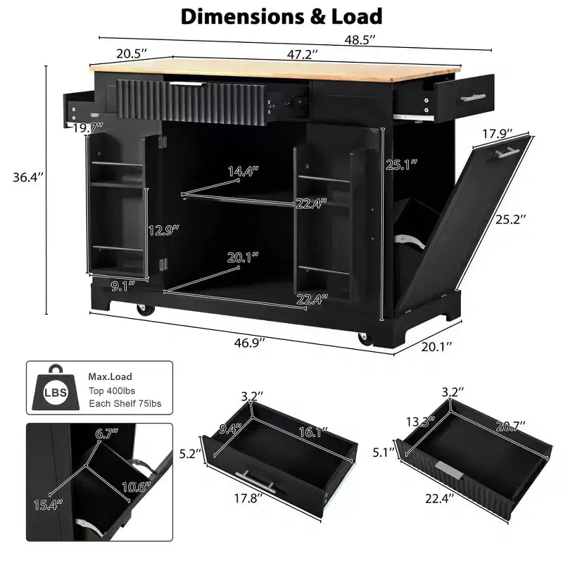 GDFStudio Gabe Fluted Kitchen Island with Trash Can Storage Cabinet, Power Outlet and Shelves