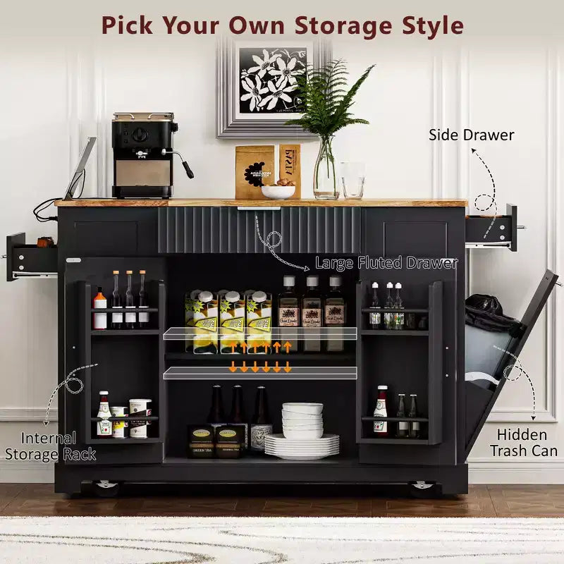 GDFStudio Gabe Fluted Kitchen Island with Trash Can Storage Cabinet, Power Outlet and Shelves