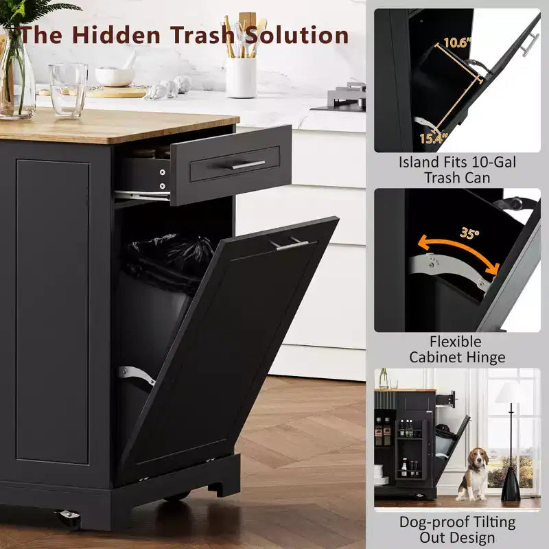 GDFStudio Gabe Fluted Kitchen Island with Trash Can Storage Cabinet, Power Outlet and Shelves