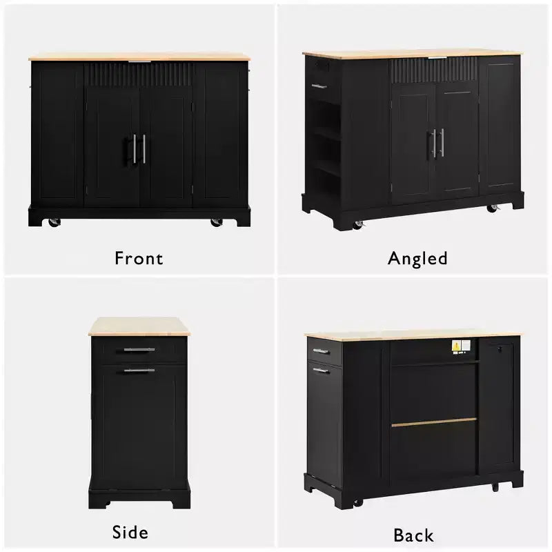 GDFStudio Gabe Fluted Kitchen Island with Trash Can Storage Cabinet, Power Outlet and Shelves
