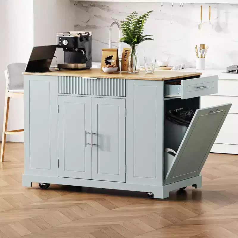 GDFStudio Gabe Fluted Kitchen Island with Trash Can Storage Cabinet, Power Outlet and Shelves