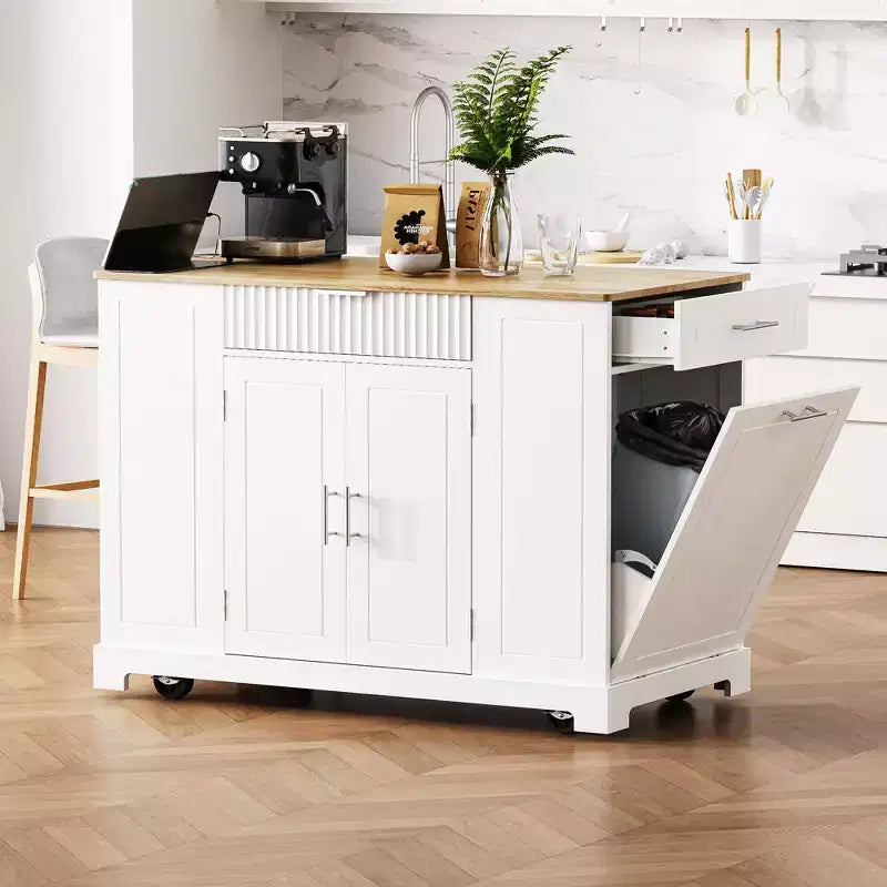 GDFStudio Gabe Fluted Kitchen Island with Trash Can Storage Cabinet, Power Outlet and Shelves