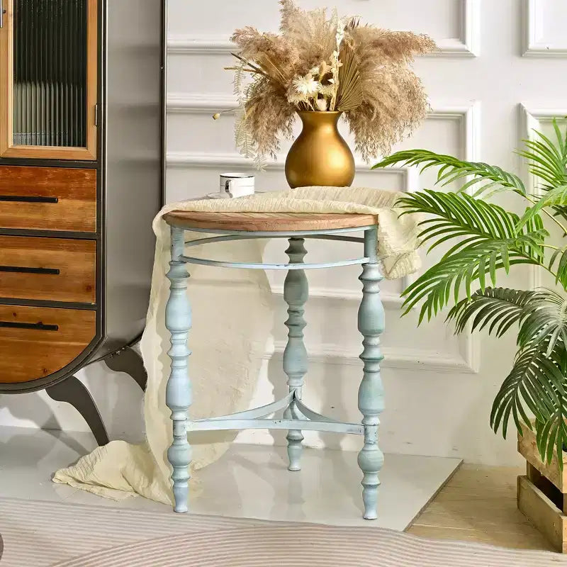 GDFStudio Marston Rustic Round Wooden Carved End Table with Metal Leg