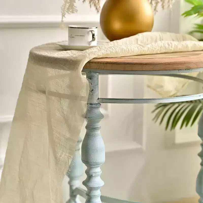 GDFStudio Marston Rustic Round Wooden Carved End Table with Metal Leg