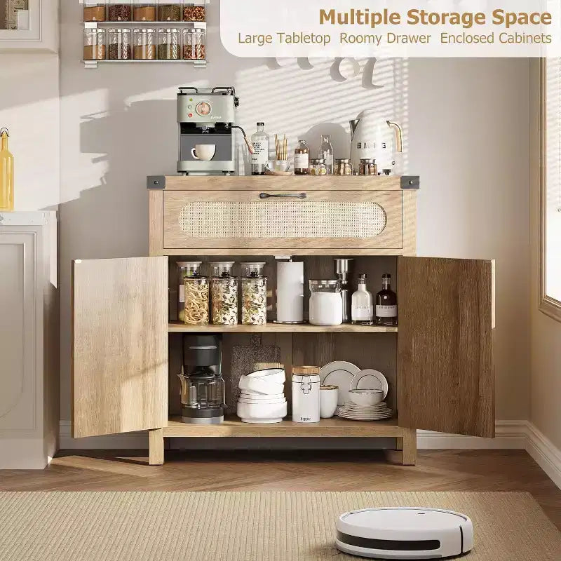 Rattan Sideboard with Drawer, Wood Buffet Cabinet with Rattan Doors & Adjustable Shelves for Living Room, Dining Room, Kitchen