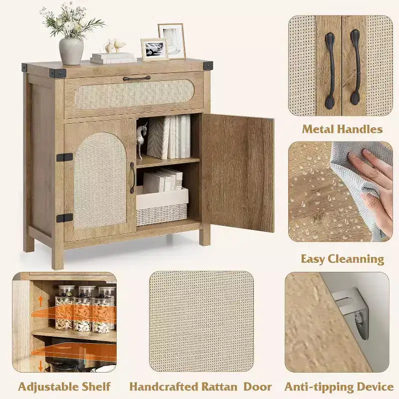 Rattan Sideboard with Drawer, Wood Buffet Cabinet with Rattan Doors & Adjustable Shelves for Living Room, Dining Room, Kitchen