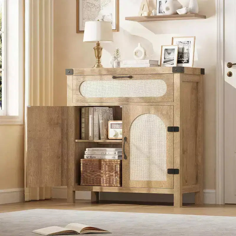 Rattan Sideboard with Drawer, Wood Buffet Cabinet with Rattan Doors & Adjustable Shelves for Living Room, Dining Room, Kitchen
