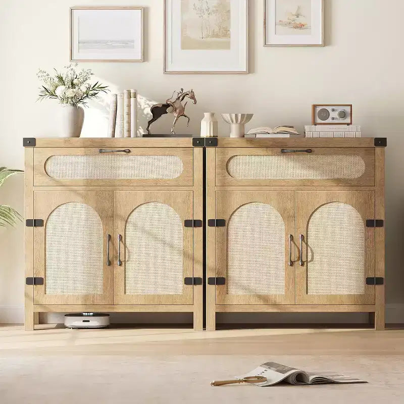 Rattan Sideboard with Drawer, Wood Buffet Cabinet with Rattan Doors & Adjustable Shelves for Living Room, Dining Room, Kitchen