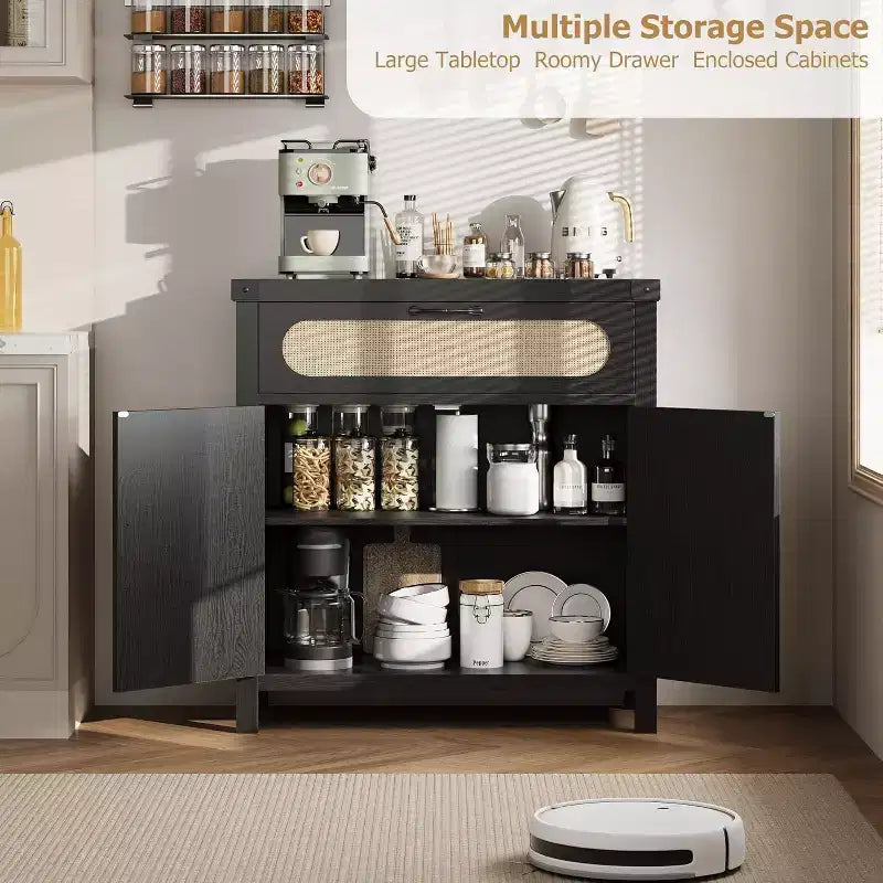 Rattan Sideboard with Drawer, Wood Buffet Cabinet with Rattan Doors & Adjustable Shelves for Living Room, Dining Room, Kitchen
