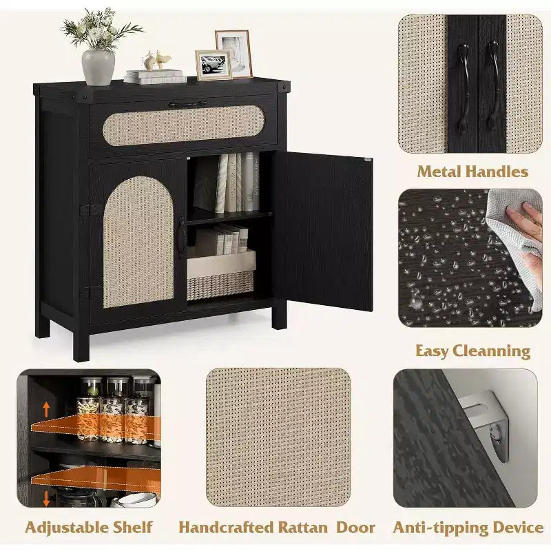 Rattan Sideboard with Drawer, Wood Buffet Cabinet with Rattan Doors & Adjustable Shelves for Living Room, Dining Room, Kitchen