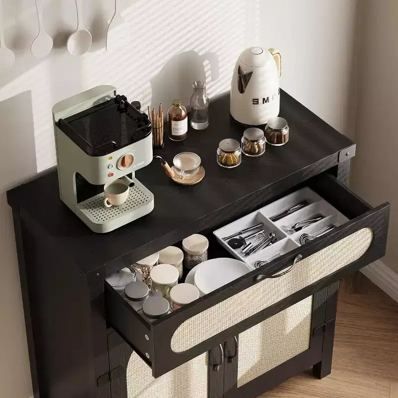 Rattan Sideboard with Drawer, Wood Buffet Cabinet with Rattan Doors & Adjustable Shelves for Living Room, Dining Room, Kitchen
