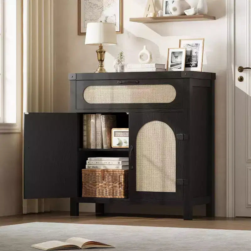 Rattan Sideboard with Drawer, Wood Buffet Cabinet with Rattan Doors & Adjustable Shelves for Living Room, Dining Room, Kitchen