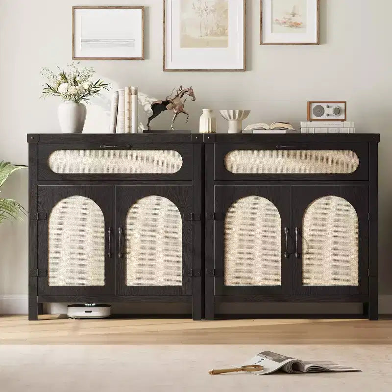 Rattan Sideboard with Drawer, Wood Buffet Cabinet with Rattan Doors & Adjustable Shelves for Living Room, Dining Room, Kitchen