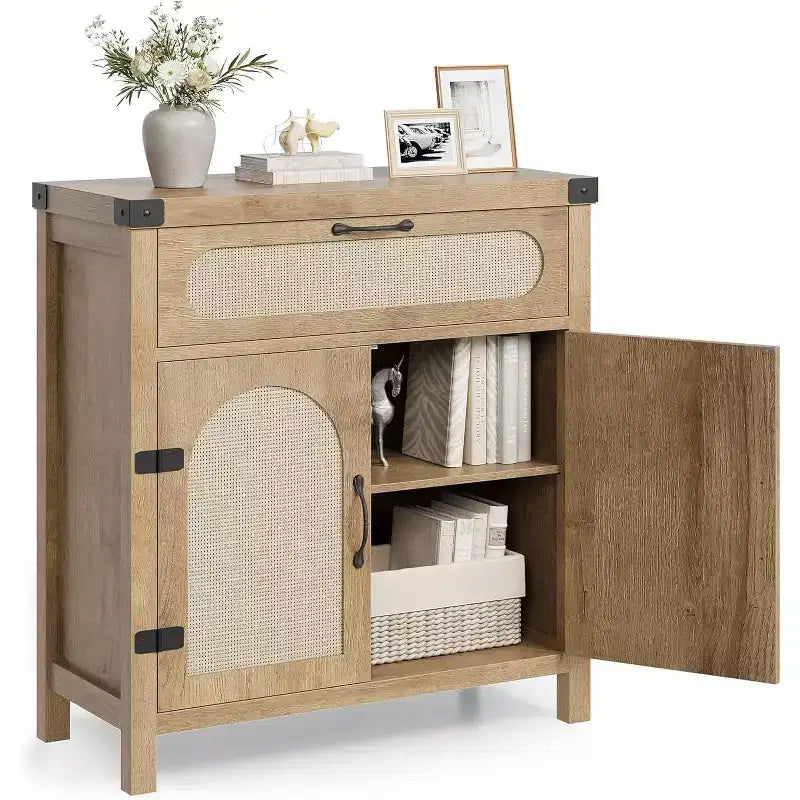 Rattan Sideboard with Drawer, Wood Buffet Cabinet with Rattan Doors & Adjustable Shelves for Living Room, Dining Room, Kitchen