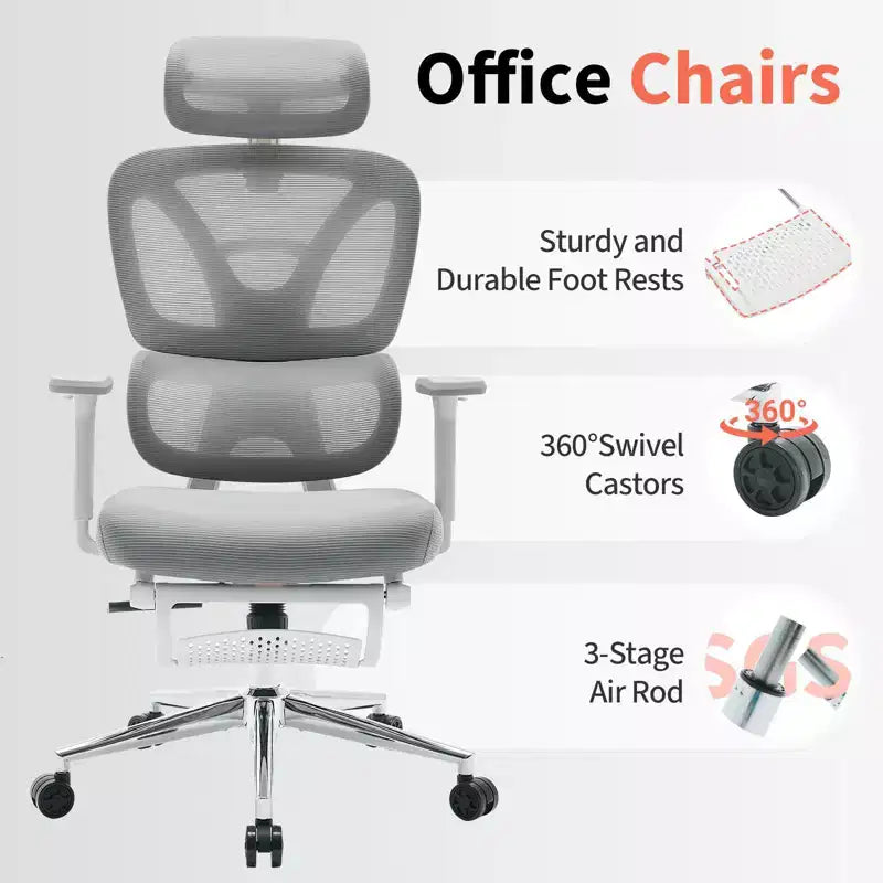 Ergonomic Mesh Office Chair High Back, Adjustable Lumbar Support, Padded Headrest & Footrest, Wide Breathable Seat, Swivel Computer Desk Chair