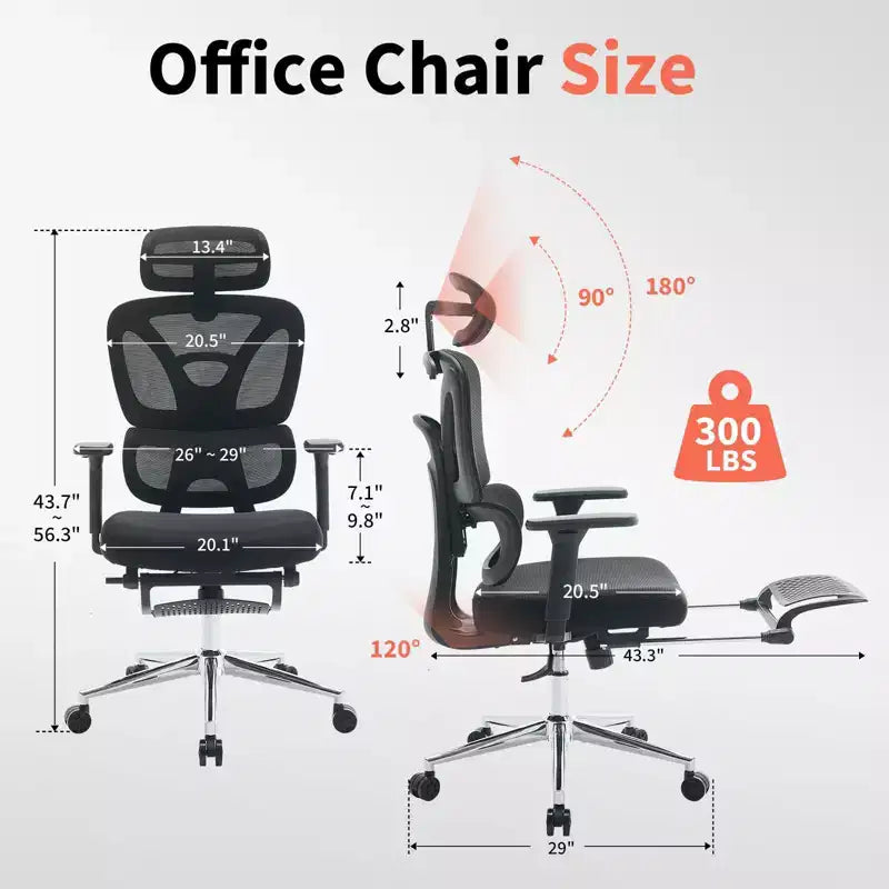 Ergonomic Mesh Office Chair High Back, Adjustable Lumbar Support, Padded Headrest & Footrest, Wide Breathable Seat, Swivel Computer Desk Chair