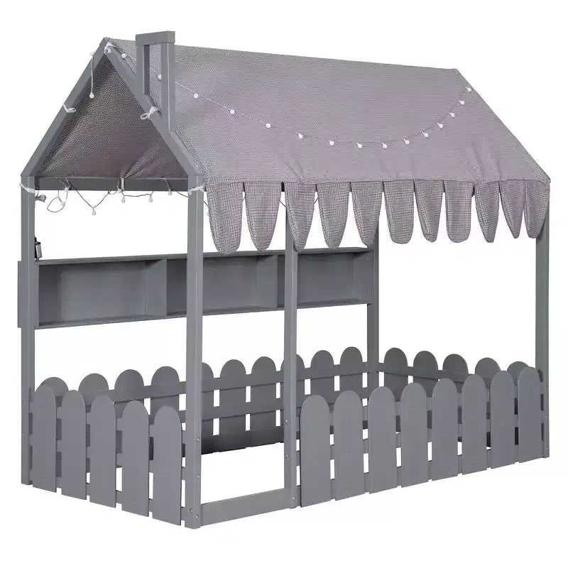 Lit cabane avec barrières et toit de tente