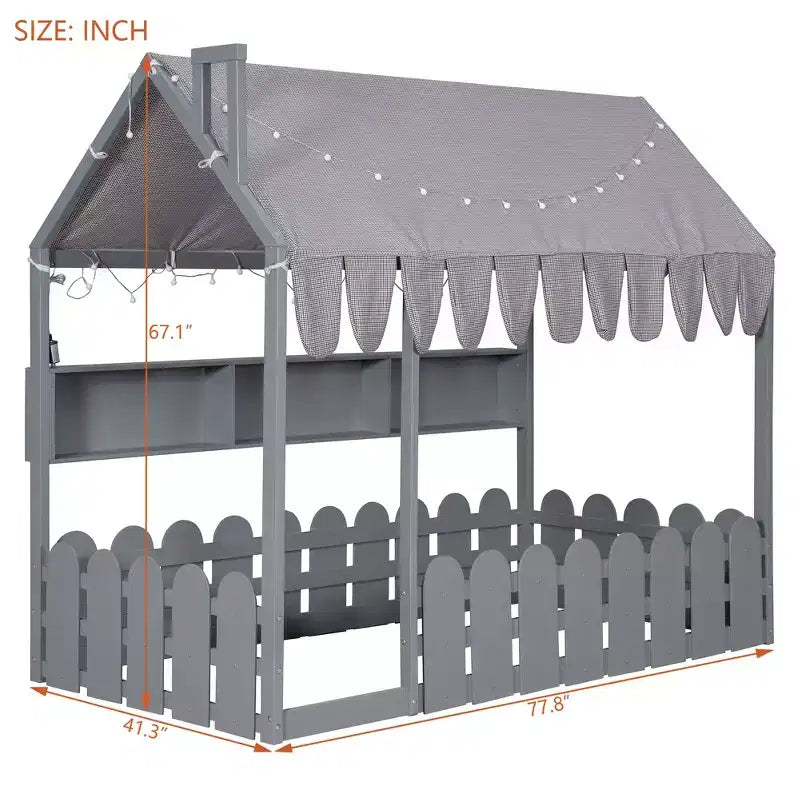 Lit cabane avec barrières et toit de tente