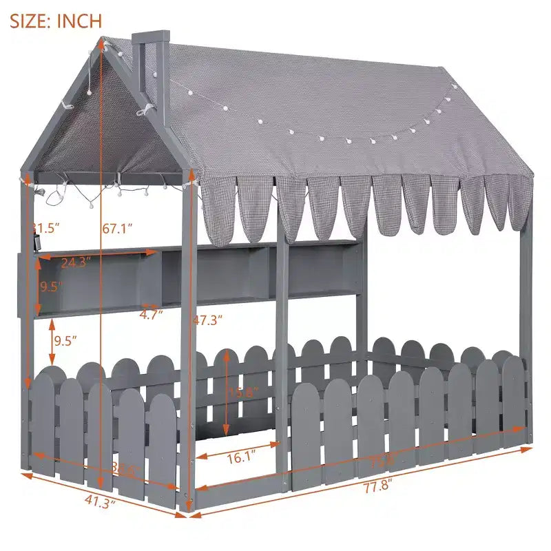 Lit cabane avec barrières et toit de tente