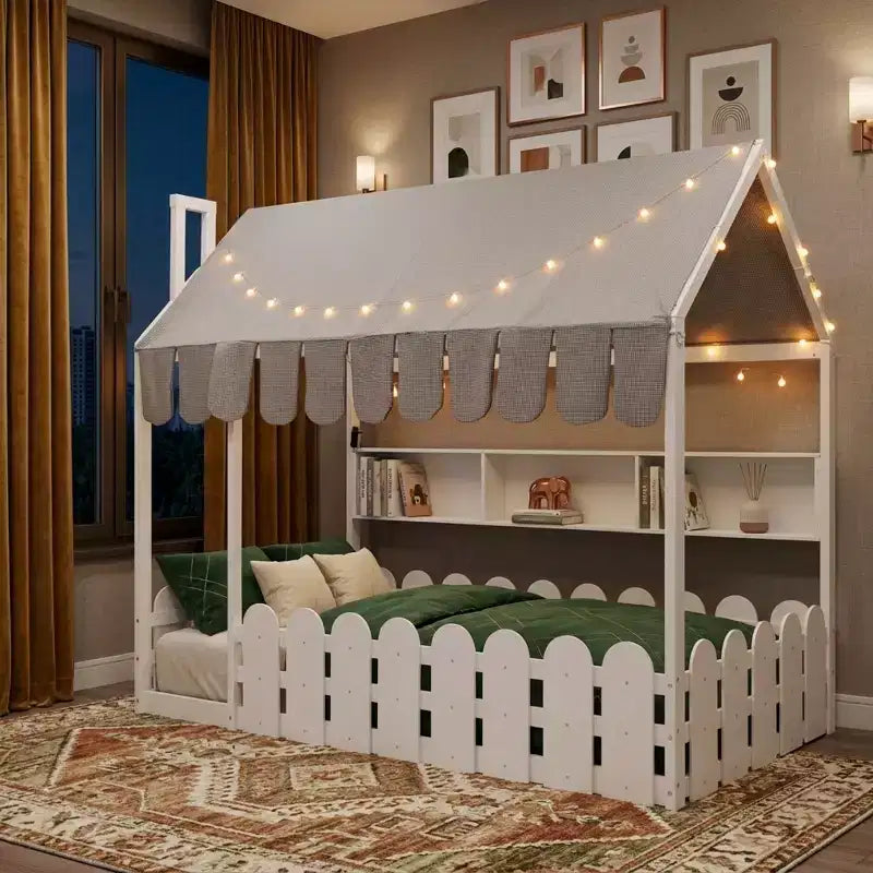 Lit cabane avec barrières et toit de tente