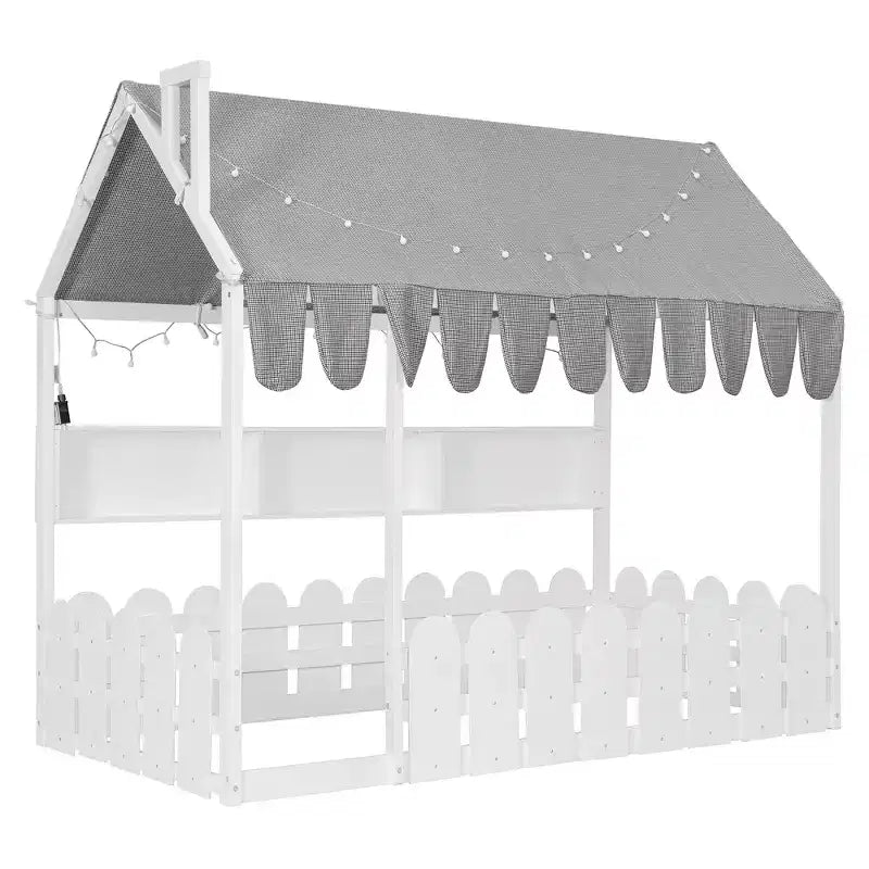 Lit cabane avec barrières et toit de tente