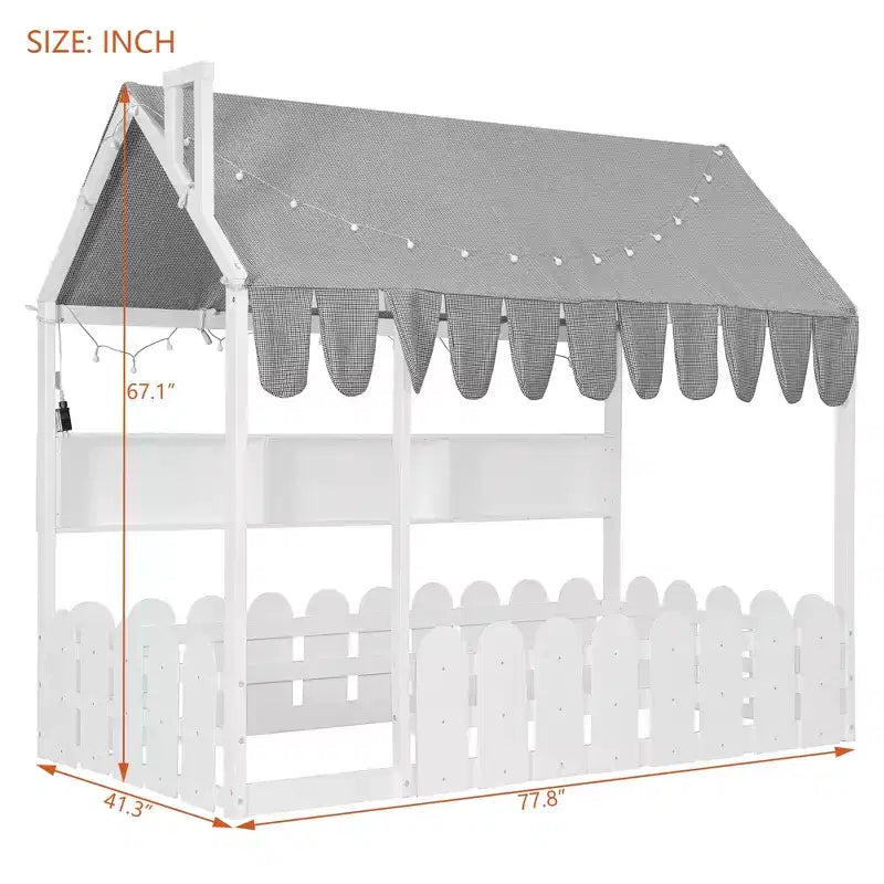 Lit cabane avec barrières et toit de tente